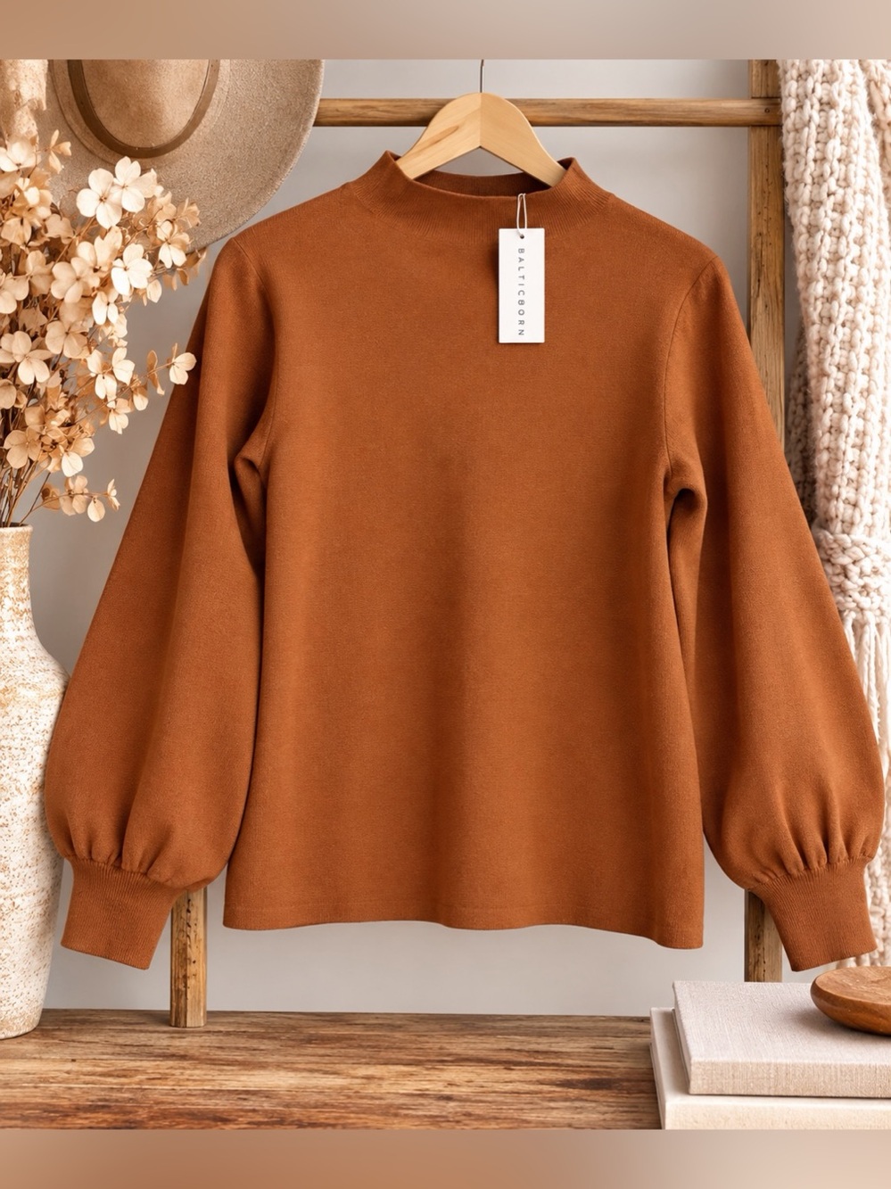 Baltic Børn Rust Brown Puff Sleeve Mock Nevk Sweater Size XL NWT